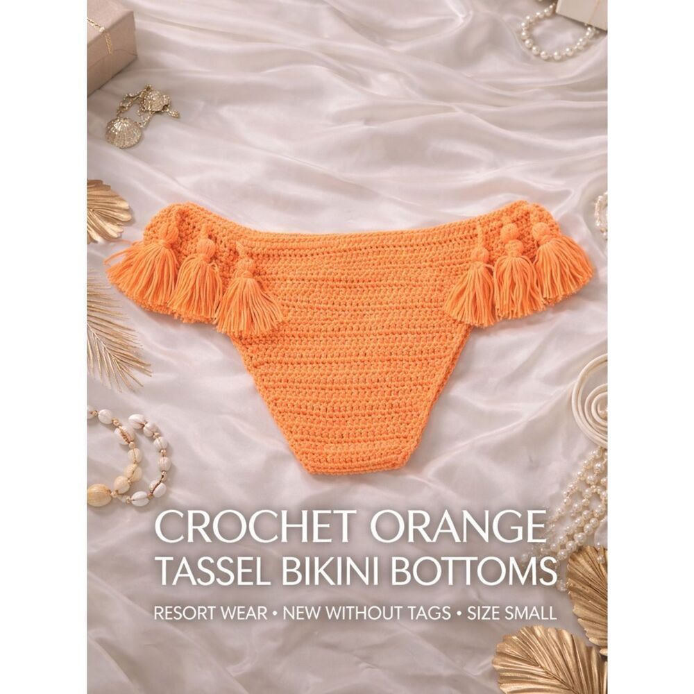 POL Crochet Bikini Bottoms Orange Tassel Trim Size S Resort Boho NEW